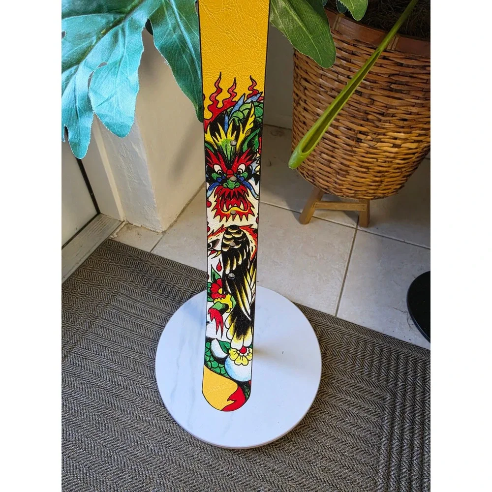 Ed Hardy Reversible Belt Tattoo Print Dragon Skull Yellow Black Size 38 NWT